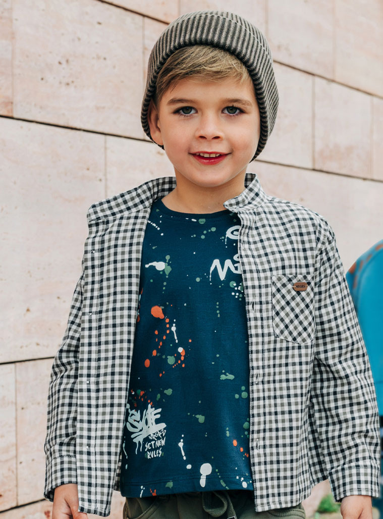 Checkered button up shirt with stand collar for boys | CHECK