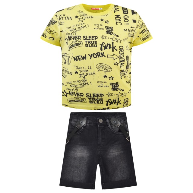 Boy΄s set with shirt, denim bermuda, and suspenders | Giallo