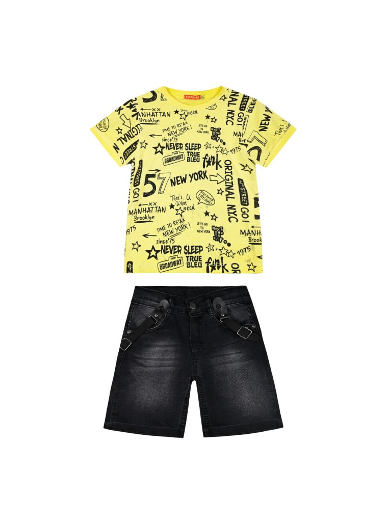 Boy΄s set with shirt, denim bermuda, and suspenders | YELLOW
