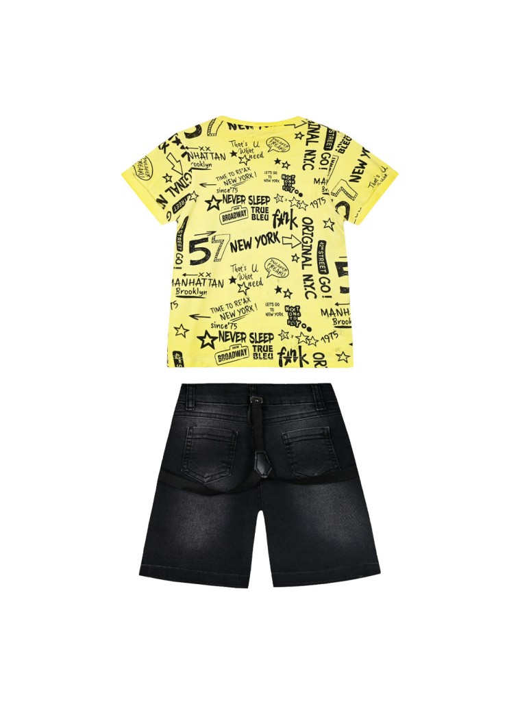 Boy΄s set with shirt, denim bermuda, and suspenders | YELLOW