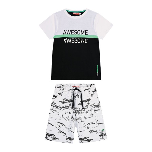 Παιδικό σετ μακό 2 τεμάχια με τύπωμα και εμπριμέ βερμούδα για αγόρι | ΜΑΥΡΟ