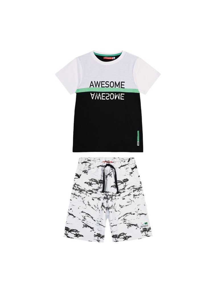 Παιδικό σετ μακό 2 τεμάχια με τύπωμα και εμπριμέ βερμούδα για αγόρι | ΜΑΥΡΟ