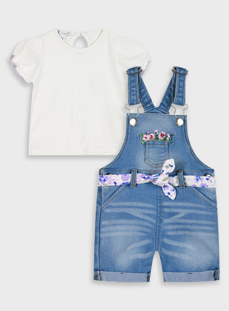 Set t-shirt and denim overalls for baby girls (3 - 18 months) | BLUE DENIM Set t-shirt and denim overalls for baby girls (3 - 18 months) | BLUE DENIM