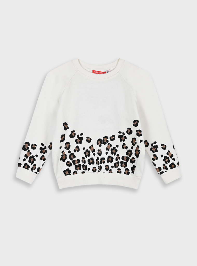 Girl΄s raglan fleece blouse with leopard animal print | ECRU