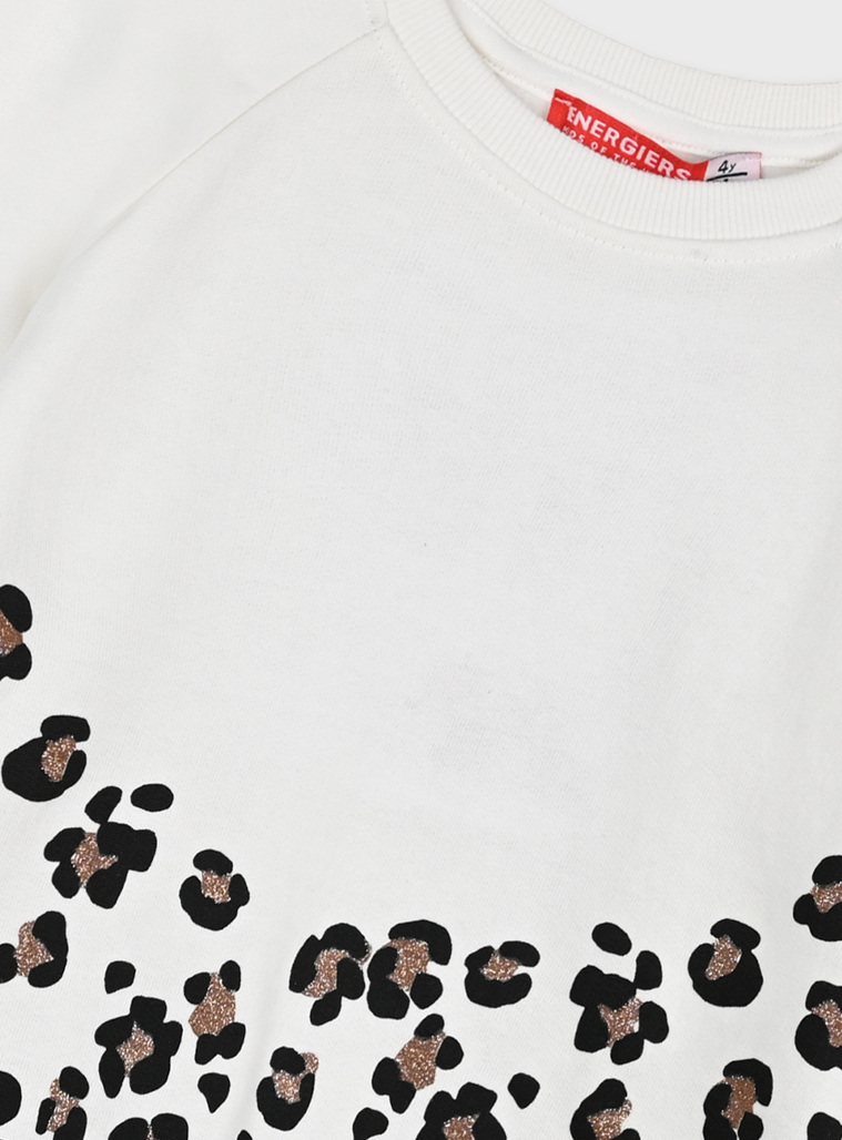 Girl΄s raglan fleece blouse with leopard animal print | ECRU