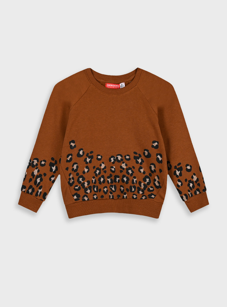 Μπλούζα ρεγκλάν φούτερ με animal print λεοπάρ για κορίτσι | ΜΠΡΟΝΖΕ