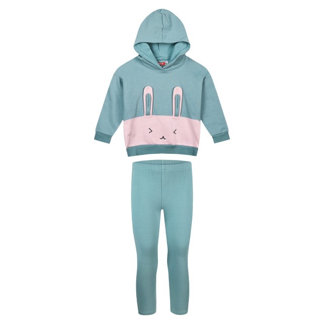 Girl΄s set of fleece blouse with hood and long leggings | MINT GREEN