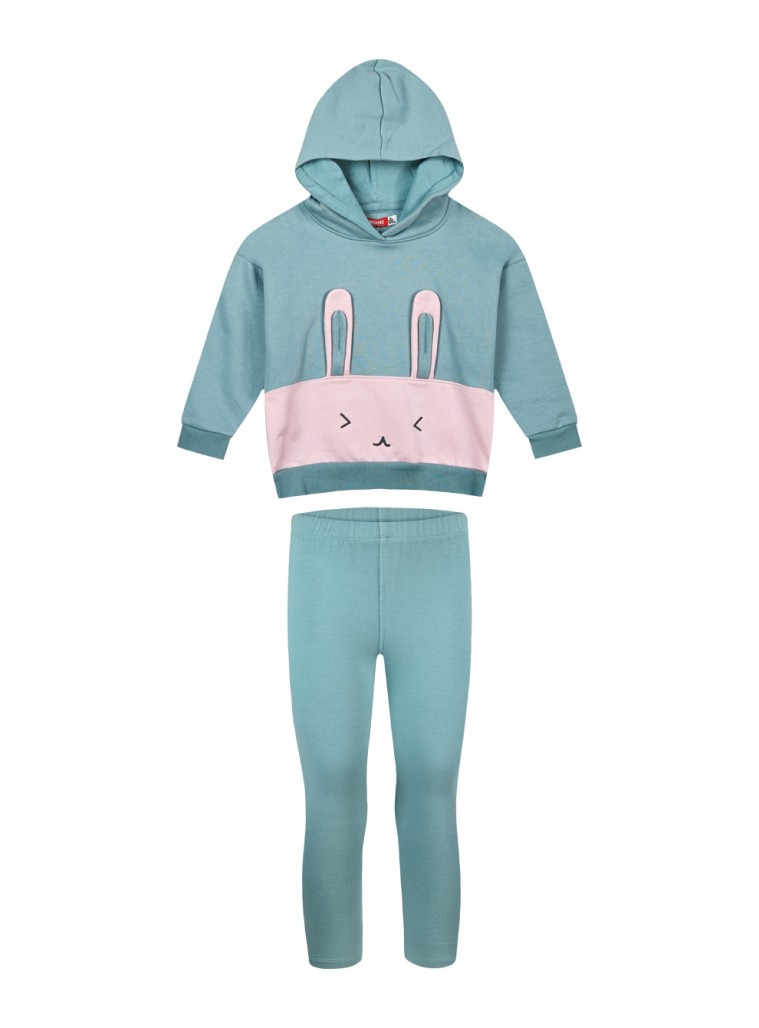 Girl΄s set of fleece blouse with hood and long leggings | MINT GREEN