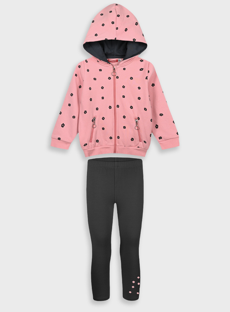 Σετ φούτερ ζακέτα εμπριμέ με κουκούλα εμπριμέ και μακρύ κολάν για κορίτσι | ΣΚΟΥΡΟ ΓΚΡΙ