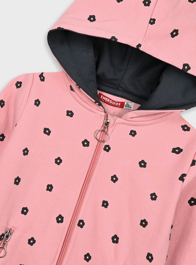 Girl΄s set with fleece all over printed jacket with long leggings | DARK GREY