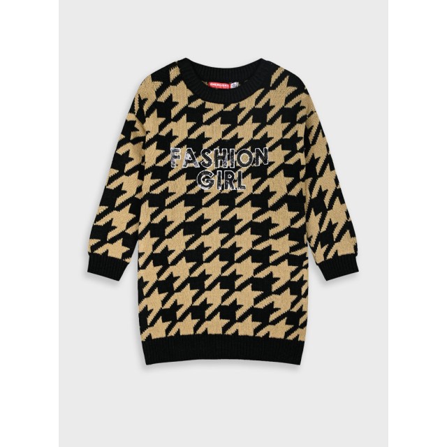 Knit houndstooth dress for girls | BEIGE