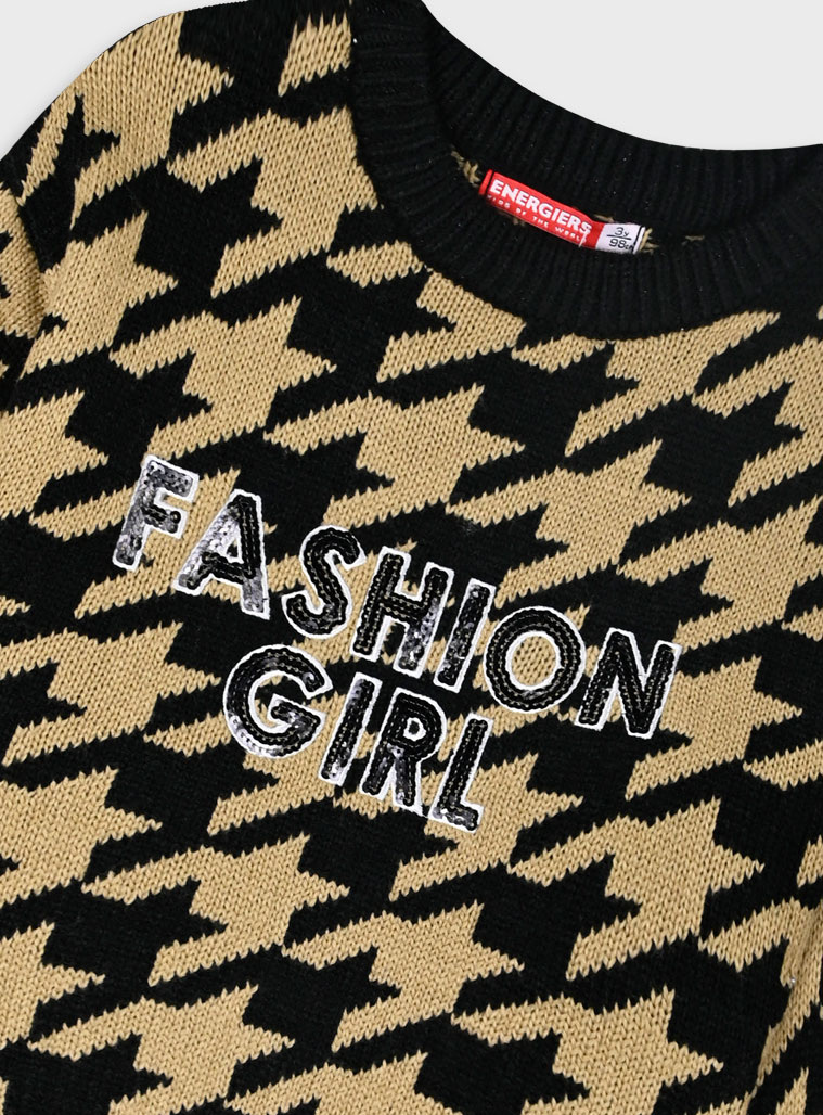 Knit houndstooth dress for girls | BEIGE