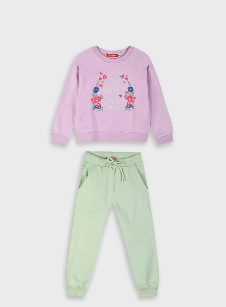 Fleece tracksuit set with print for girls | ICE GREEN Fleece tracksuit set with print for girls | ICE GREEN