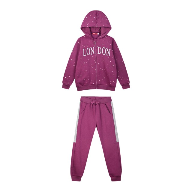 Fleece 2 piece set tracksuit with embosed print for girls | PURPLE
