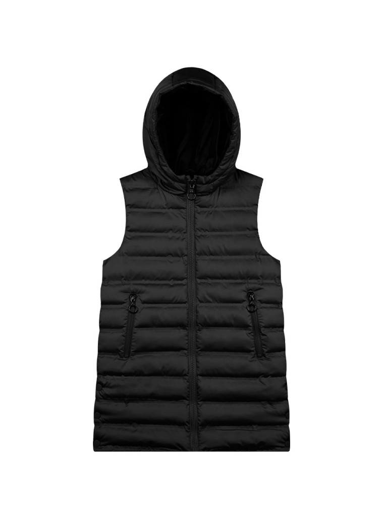 Girl΄s long, sleeveless jacket with hood | BLACK