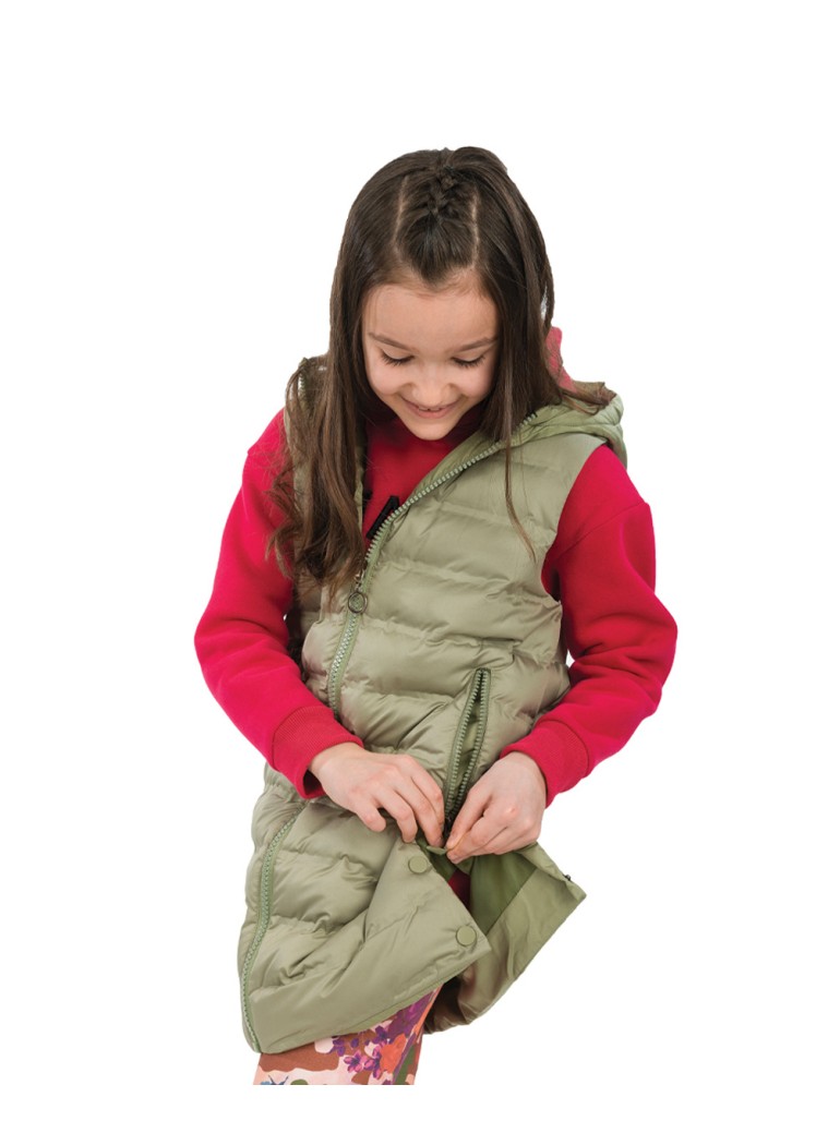 Girl΄s long, sleeveless jacket with hood | DESERT GREEN