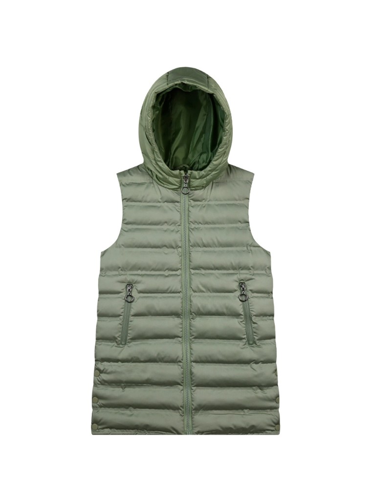 Girl΄s long, sleeveless jacket with hood | DESERT GREEN