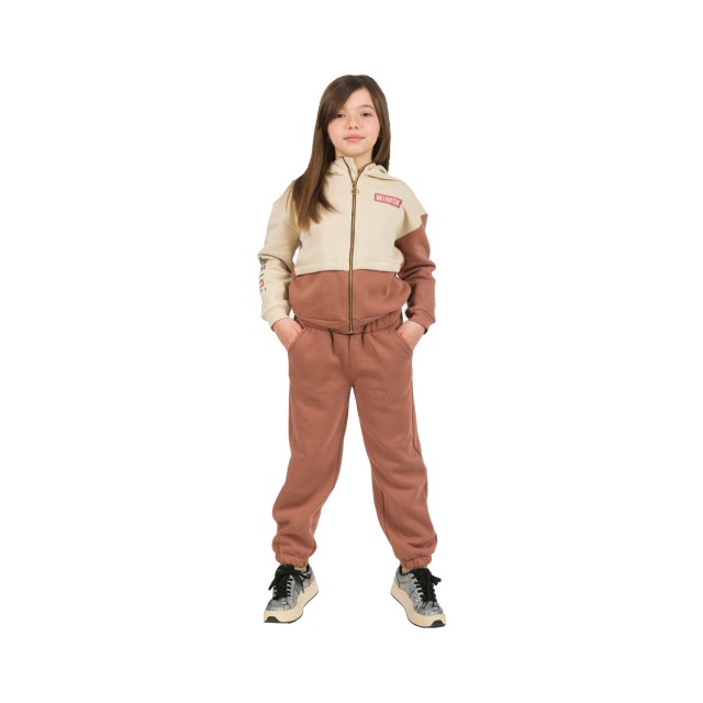 Girl΄s colour block fleece set with jacket with hood and print | MOCHA MOUSSE
