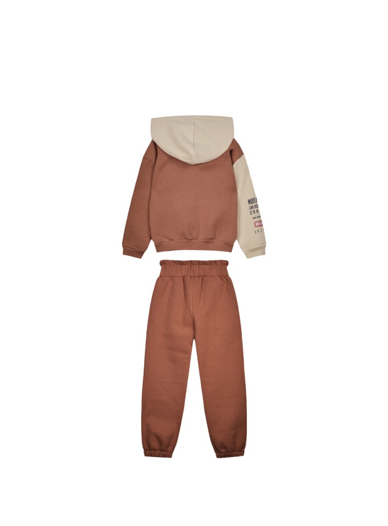 Girl΄s colour block fleece set with jacket with hood and print | MOCHA MOUSSE
