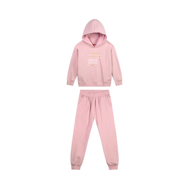 Girl΄s fleece set with hood and print, Eco Friendly | DUSTY PINK