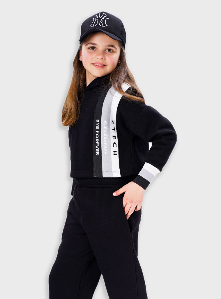 Fleece set with hoodie and sweatpants for girls | BLACK