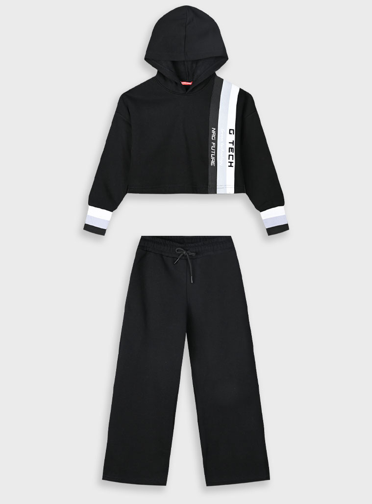 Fleece set with hoodie and sweatpants for girls | BLACK Fleece set with hoodie and sweatpants for girls | BLACK