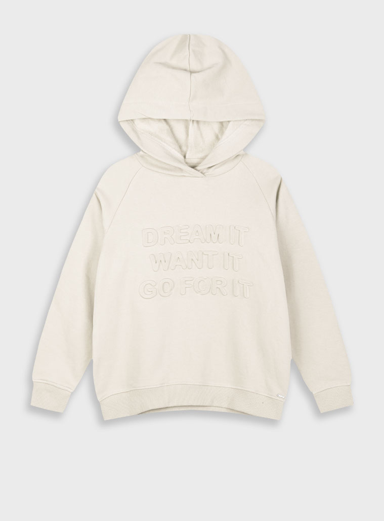 Fleece hoodie with embossed print for girls | ECRU Fleece hoodie with embossed print for girls | ECRU