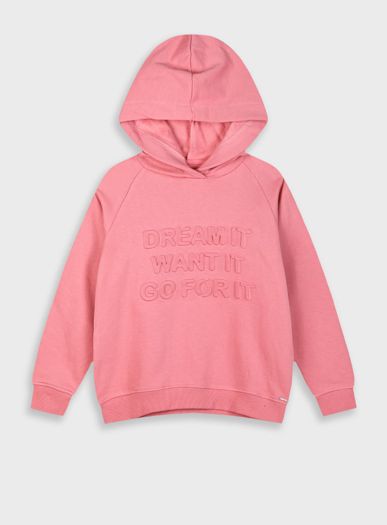 Fleece hoodie with embossed print for girls | PEARL PINK
