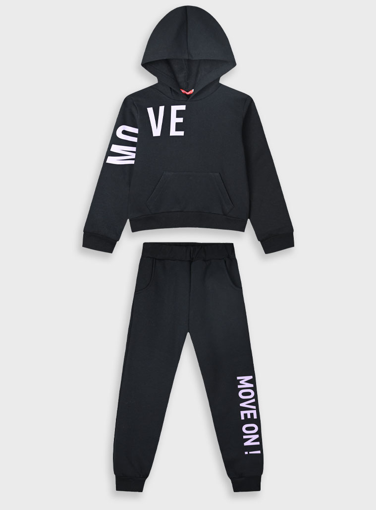 Fleece tracksuit set with print for girls | BLACK
