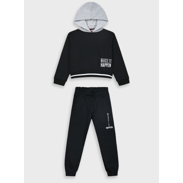 Fleece tracksuit set with print for girls | BLACK Fleece tracksuit set with print for girls | BLACK