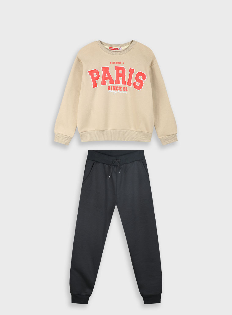 Fleece tracksuit set with print for girls | BLACK Fleece tracksuit set with print for girls | BLACK