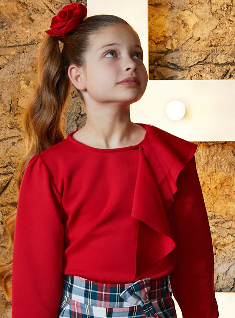 Μπλούζα  με μακριά φουσκωτά μανίκια με φραμπαλά για κορίτσι.Boutique collection | ΚΟΚΚΙΝΟ