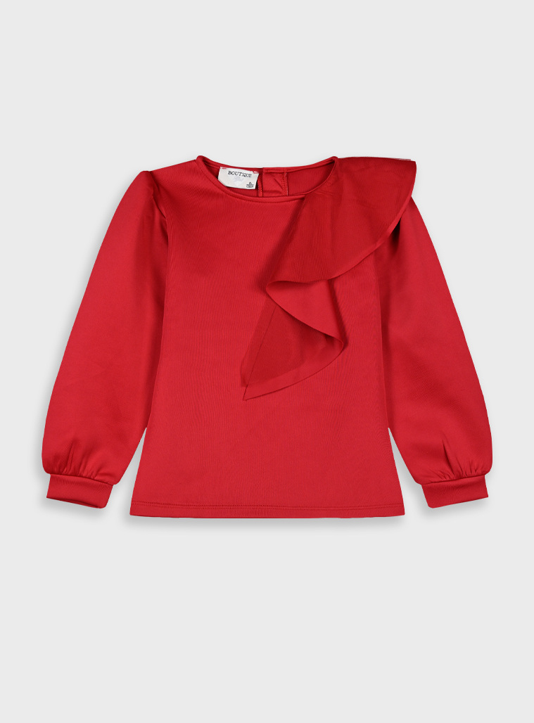 Μπλούζα  με μακριά φουσκωτά μανίκια με φραμπαλά για κορίτσι.Boutique collection | ΚΟΚΚΙΝΟ