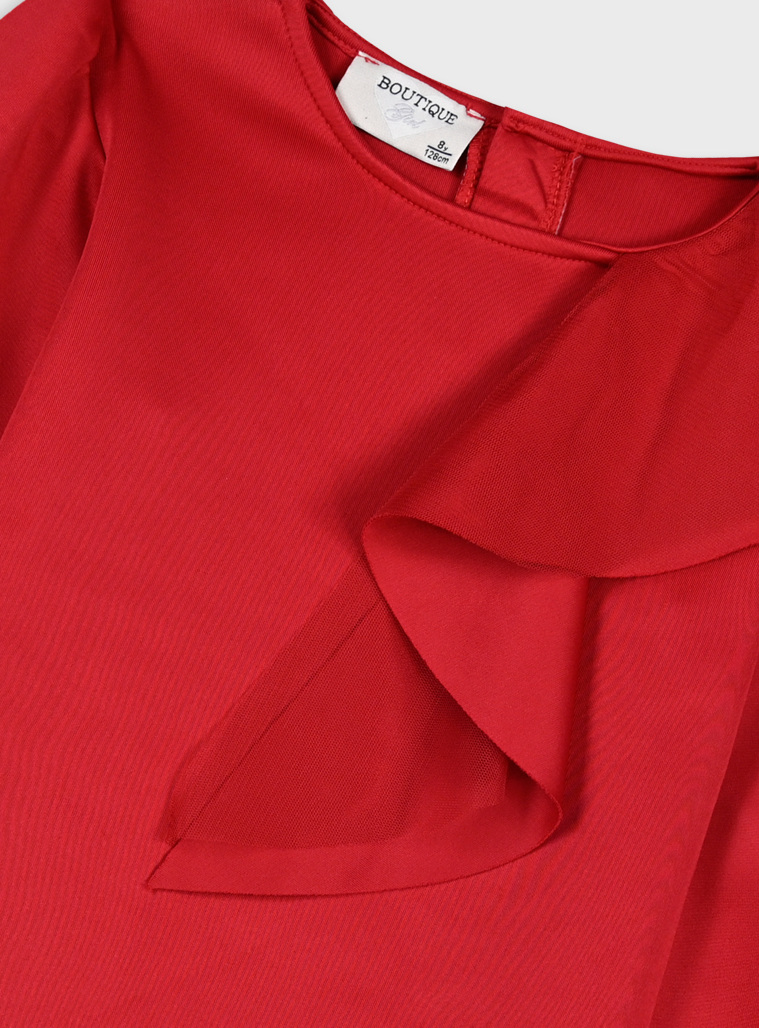 Μπλούζα  με μακριά φουσκωτά μανίκια με φραμπαλά για κορίτσι.Boutique collection | ΚΟΚΚΙΝΟ