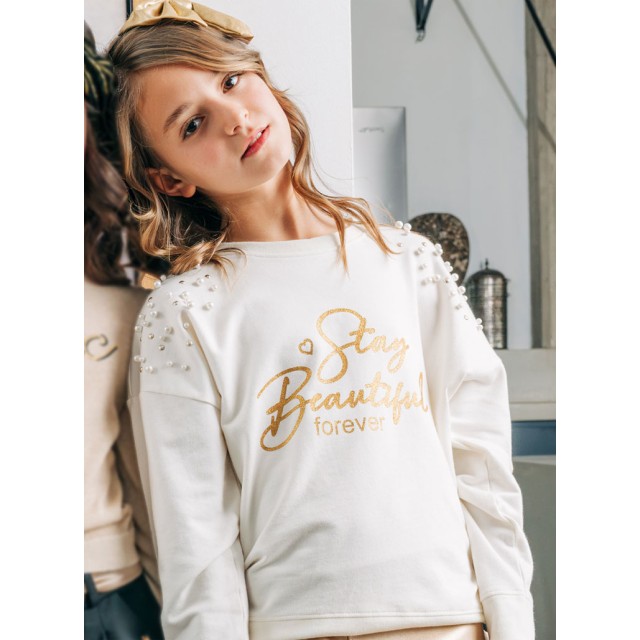 Boutique φούτερ μπλούζα με πέρλες και τύπωμα για κορίτσι | ΕΚΡΟΥ Boutique φούτερ μπλούζα με πέρλες και τύπωμα για κορίτσι | ΕΚΡΟΥ