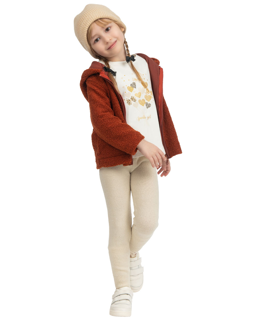 Πλεκτό μονόχρωμο παντελόνι με κορδόνι για κορίτσι | ΕΚΡΟΥ