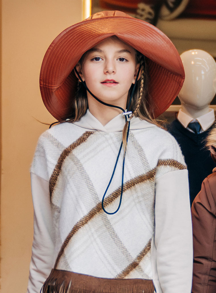 Καρώ μπλούζα με κουκούλα και κρόσια για κορίτσι | ΚΡΕΜ